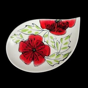 Vintage Mid Century Ceramic Plate Red Poppy Floral Poppies Teardrop Tray Platter